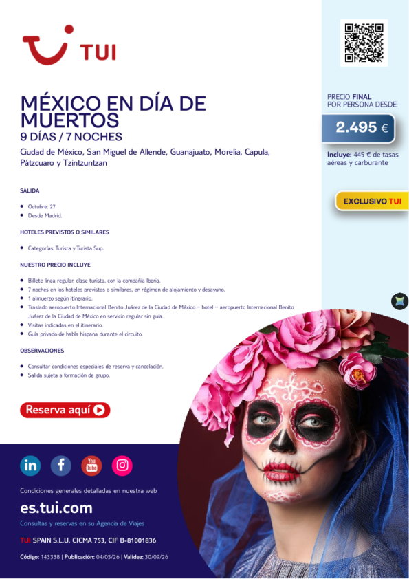México en día de muertos. 9 días / 7 noches. Exclusivo TUI. Salida 27 OCT desde MAD desde 2.495 &euro; 