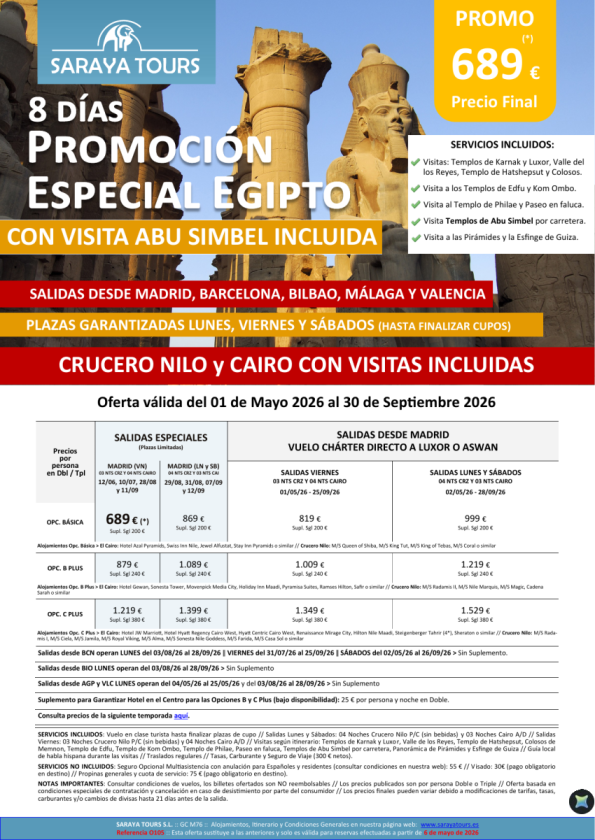 Promo Egipto con Abu Simbel 8días. Crucero y Cairo desde 689 &euro; 