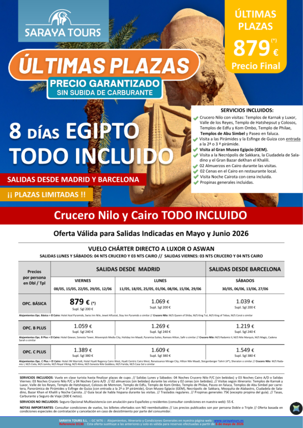 ?Últimas Plazas EGIPTO Todo Incluido. Crucero y Cairo con visitas y más!. Precio final garantizado desde 879 &euro; 
