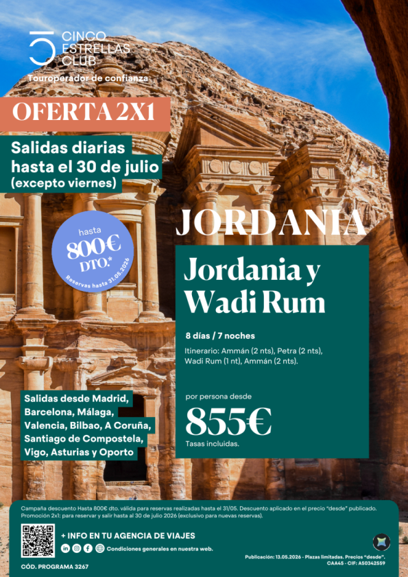 Hsta 800 &euro; 31.05 - Oferta 2x1 Jordania y Wadi Rum,dsd 855 &euro; pax sal. ver ciudades  Reservar y viajar hsta 31.07