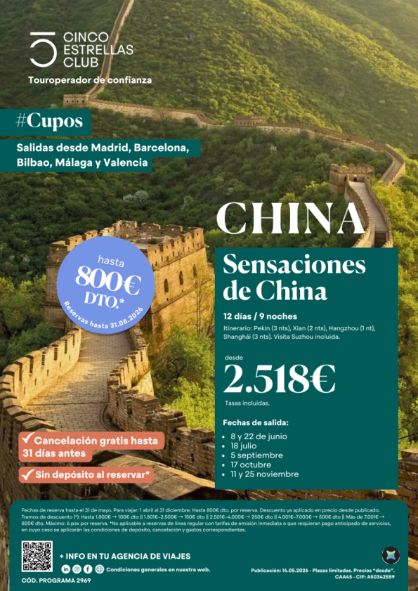 Hsta 800 &euro; dto.resrvas31.05 Cupos| Senasaciones de China 12d/9n dsd 2.518 &euro; sal. jun-Nov. ver ciudades de salida