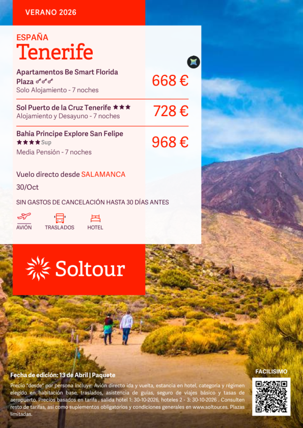 Tenerife con salida 30 de octubre desde 668 &euro; desde Salamanca