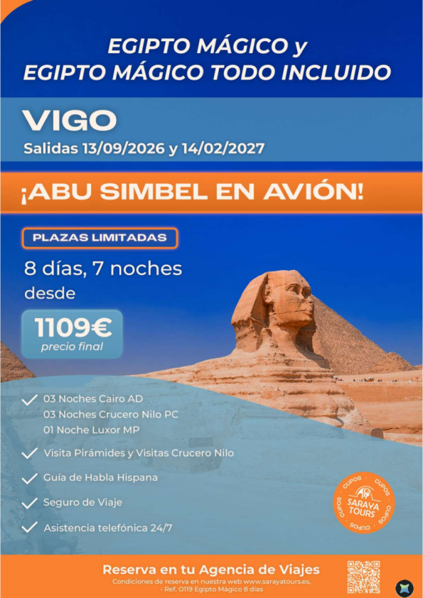 ?Egipto Mágico & Egipto Mágico Todo incluido con Abu simbel en avión. Salidas VIGO desde 1109 &euro; 