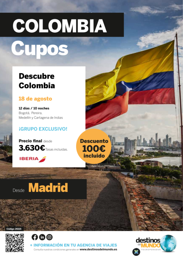???Descubre Colombia Descuento de 100 &euro; !! 12 d / 10 n desde Madrid salida: 18 de agosto desde 3.630 &euro; ???