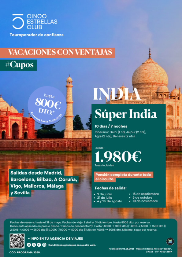 Hasta 800 &euro; dto. reserv.hsta 31.05 Cupos| Súper India 10ds/7ns en PC dsd 1.980 &euro; ver ciud.salida de jun-nov\'26