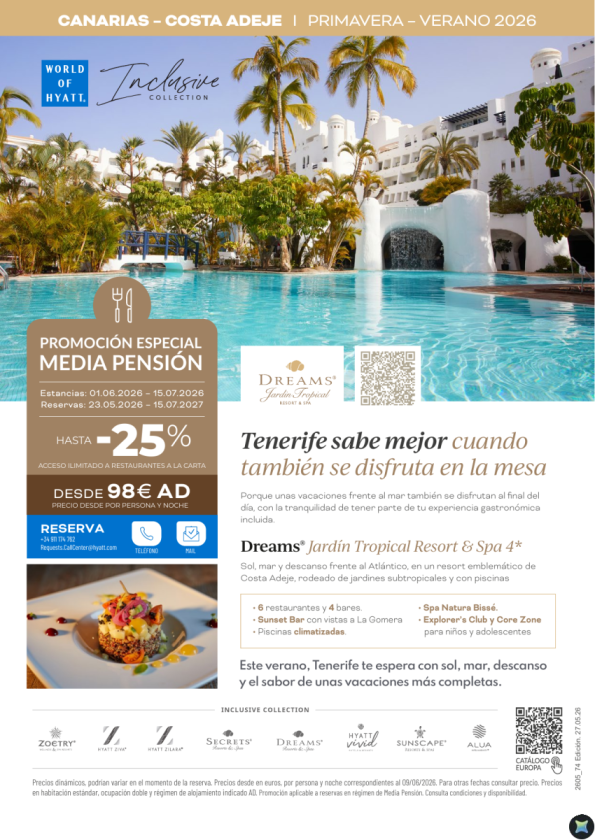 Verano: Tenerife desde 98 &euro; AD y Promo especial Media Pensión Hasta -25% -  Dreams Jardín Tropical 4*