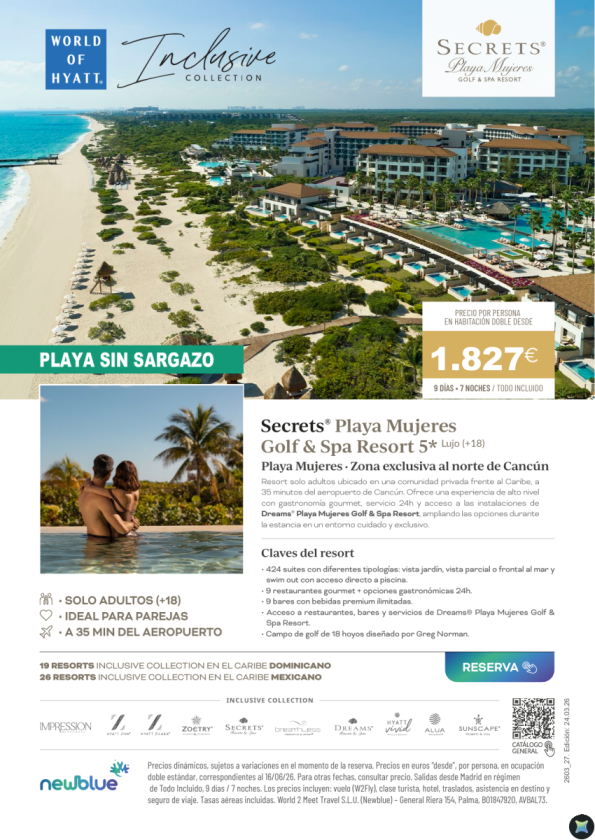 Secrets Playa Mujeres reabre con precio especial: +18 sin sargazo desde 1.827 &euro; - 9D/7N - TI
