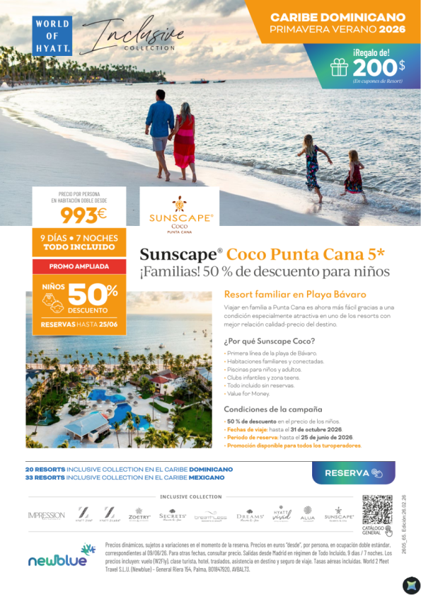 ?Salida inmediata. Desde 993 &euro; Punta Cana: Sunscape Coco 5* con 50% Dto Niños 9D/7N T.I