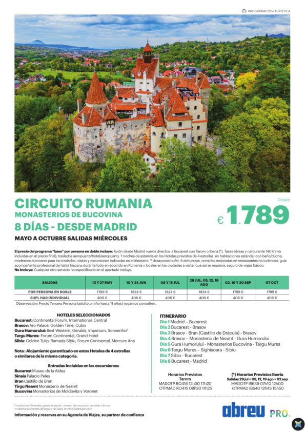 Circuito Rumania Monasterios de Bucovina 8 días desde Madrid May a Oct