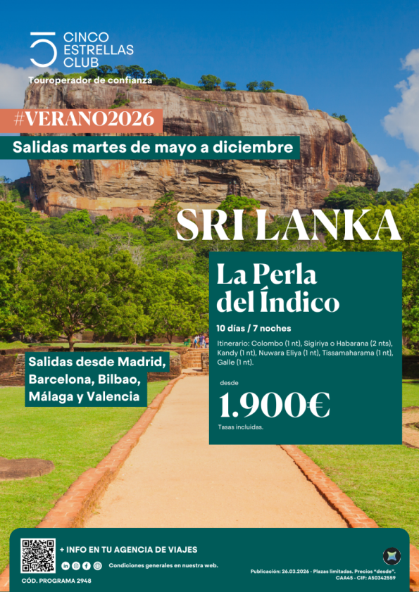 Sri Lanka| La Perla del Índico 10d/7nts Dsd 1.900 &euro; sal.martes de mayo a diciembre 2026 dsd Mad,Bcn,Bio,Agp,Vlc