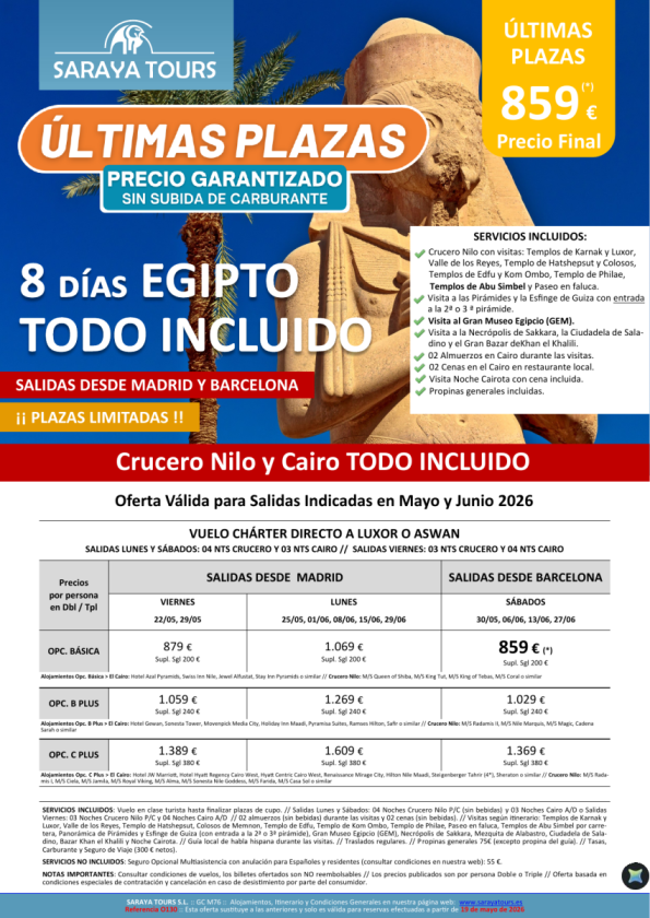 ?Últimas Plazas EGIPTO Todo Incluido. Crucero y Cairo con visitas y propinas. Salidas Mad & Bcn. Desde 859 &euro; 