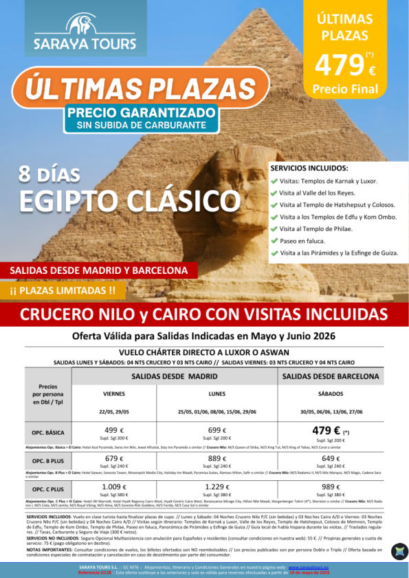 ?Últimas Plazas EGIPTO Clásico 8d. Crucero y Cairo +Visitas. Salidas Mad & Bcn. Precio final garantizado 479 &euro; 