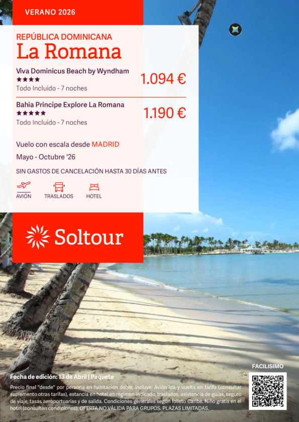 La Romana en Viva Dominicus Beach desde 1.094 &euro; y Bahia Principe Explore desde 1.190 &euro; , salidas de Mayo a Octubre desde Madrid
