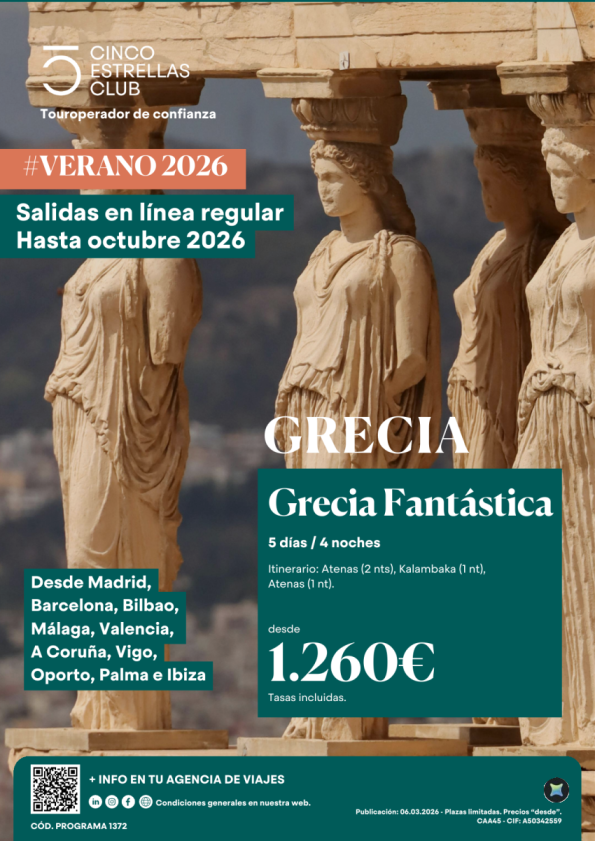 Grecia Fantástica 5d/4n dsd 1.260 &euro; sal. línea reg.hst oct\'26 ver ciudad de salida