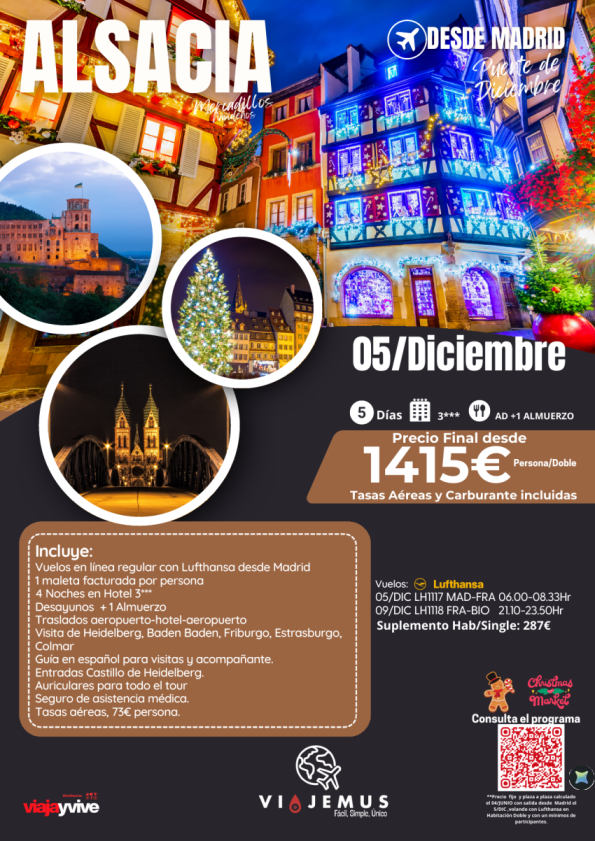 Mercadillos de Alsacia. Desde Madrid 05/DIC. Visita Heidelberg, Baden Baden, Friburgo,Colmar,Estrasburgo.