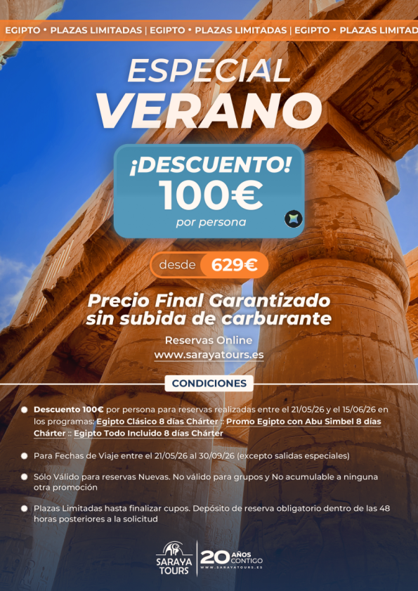 ?Especial VERANO Egipto *Descuento 100 &euro; p.pax* Salidas hasta 30/09/26. Precio Final Garantizado. Consultar.