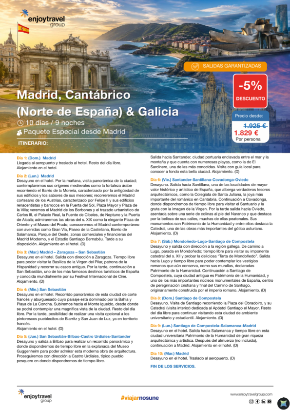 Madrid, Cantábrico (Norte de España) & Galicia 10D/9N desde 1.829 &euro; 