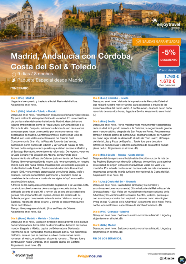 Madrid, Andalucía con Córdoba, Costa del Sol & Toledo 9D/8N desde 1.672 &euro; 