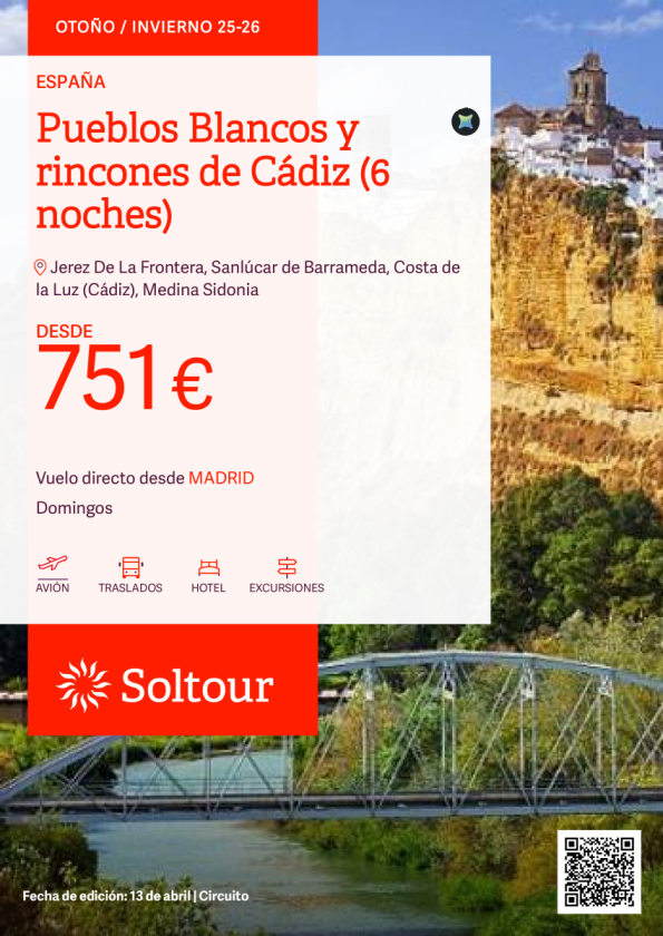 6 noches en Pueblos Blancos y rincones de Cádiz con salida los domingos, desde 751 &euro; desde Madrid