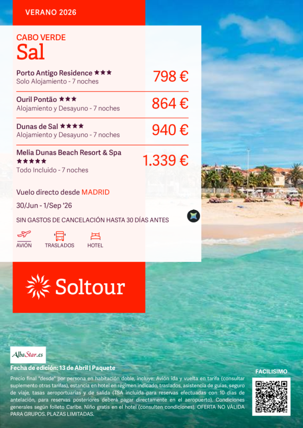 Isla de Sal (Cabo Verde) desde 798 &euro; , salidas 30 Junio - 1 Septiembre desde Madrid
