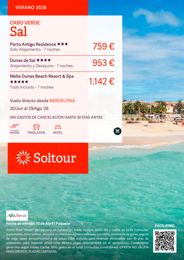 Isla de Sal (Cabo Verde) desde 759 &euro; , salidas 20 Junio - 29 Agosto desde Barcelona