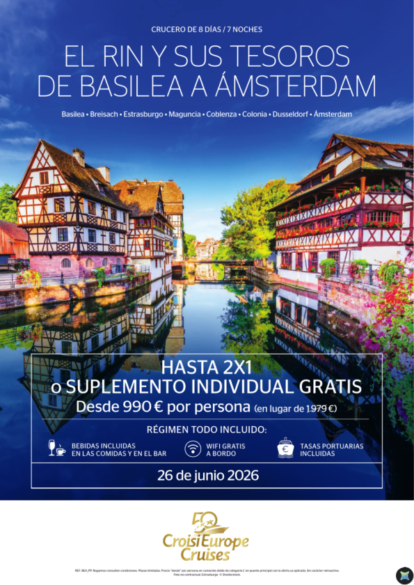 HASTA 2x1 o suplemento single GRATIS - crucero fluvial Tesoros del Rin - 8 días - Todo Incluido - 26 junio