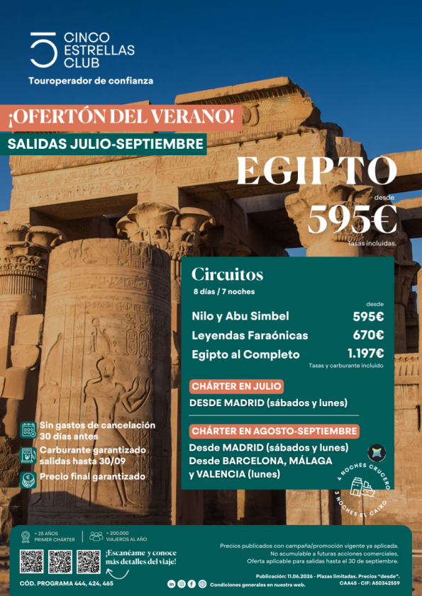 Ofertón Verano | Egipto desde 595 &euro; sal. julio (Mad), Agos-Sept sal dsd Mad(saba y lunes),Bcn, Agp,Vlc sal. lune