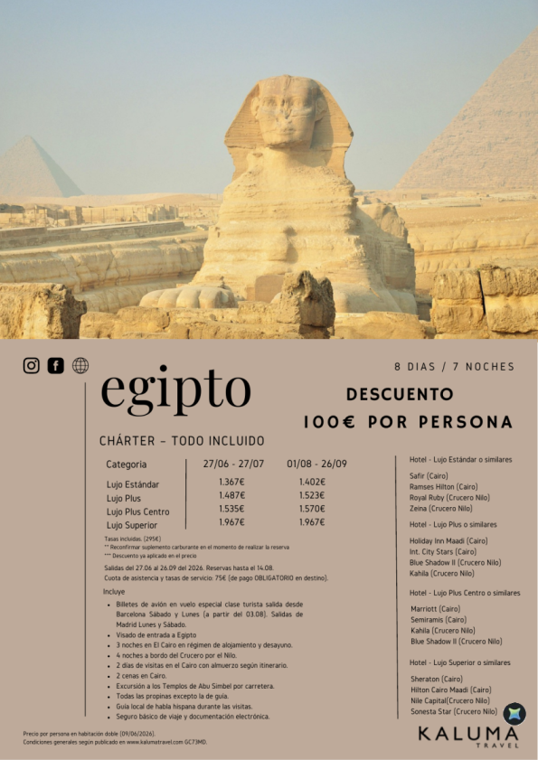 Charter Egipto Todo Incluido - Salidas Junio-Septiembre hasta 100 &euro; Descuento por persona!