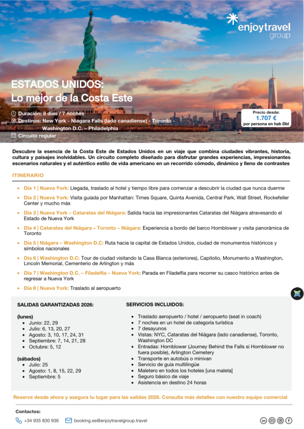 Lo mejor de la costa Este: New York, Niagara Falls, Toronto, Washington D.C. y Philadelphia desde 1,707 &euro; 