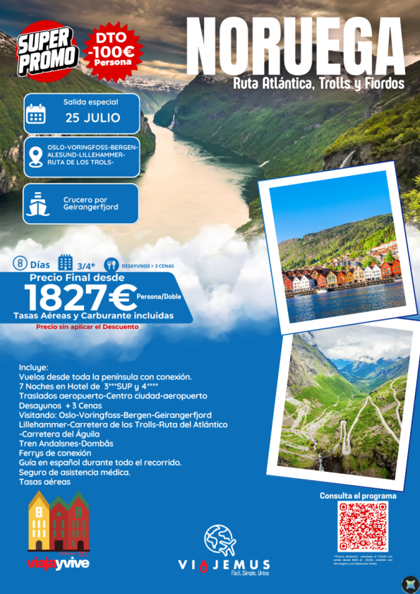 Noruega, Ruta Atlántica, Trolls y Fiordos, con DTO directo -100? salida 25/JULIO. Naturaleza imponente.