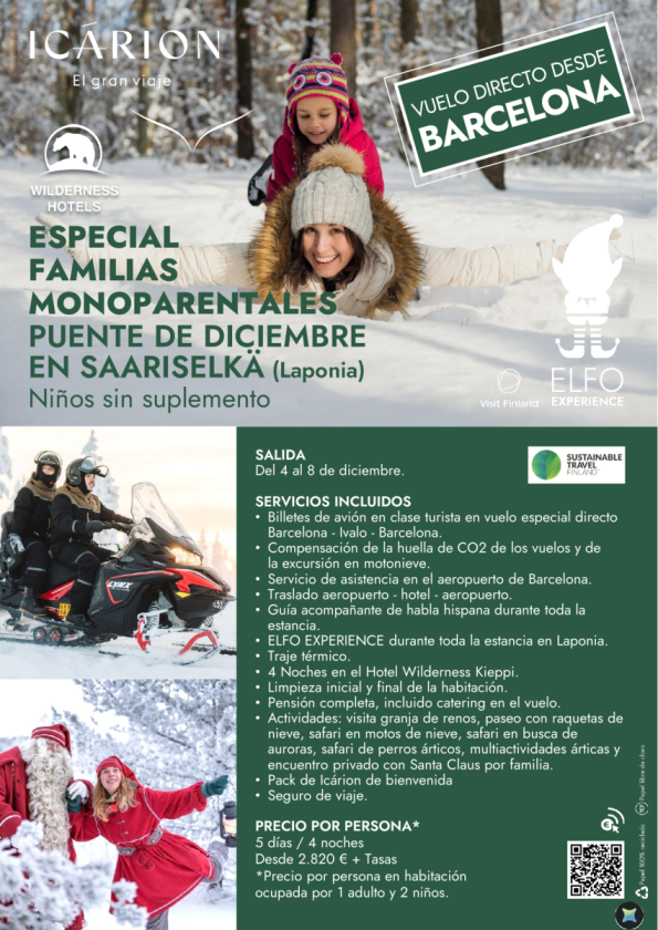 Especial familias monoparentales. Puente de diciembre en Saariselkä. Vuelo directo desde Barcelona