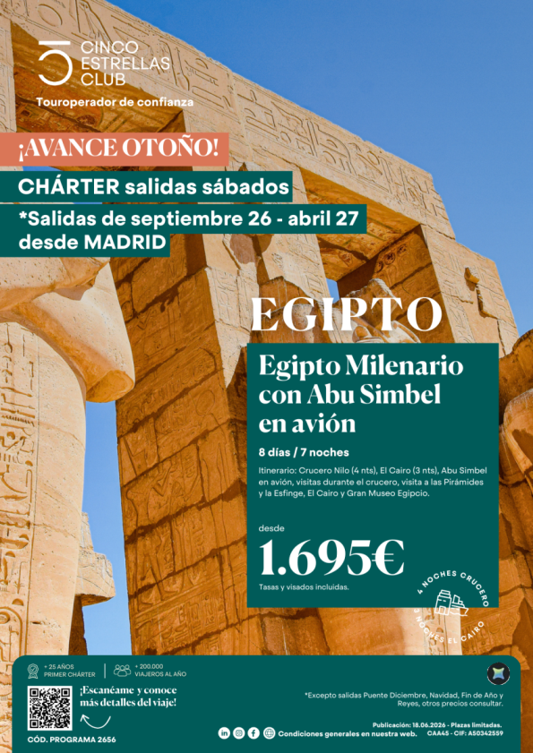 Ofertón Verano | Chárter sáb | Egipto Milenario AbuSimbel en avión dsd 1.695 &euro; 8ds/7ns sal. sept\'26-abril\'27