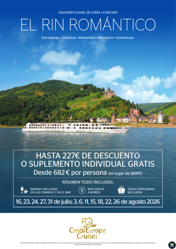 Hasta 227 &euro; de DESCUENTO o single gratis - crucero el Rin romántico - 5 días - Todo Incluido - julio y agosto