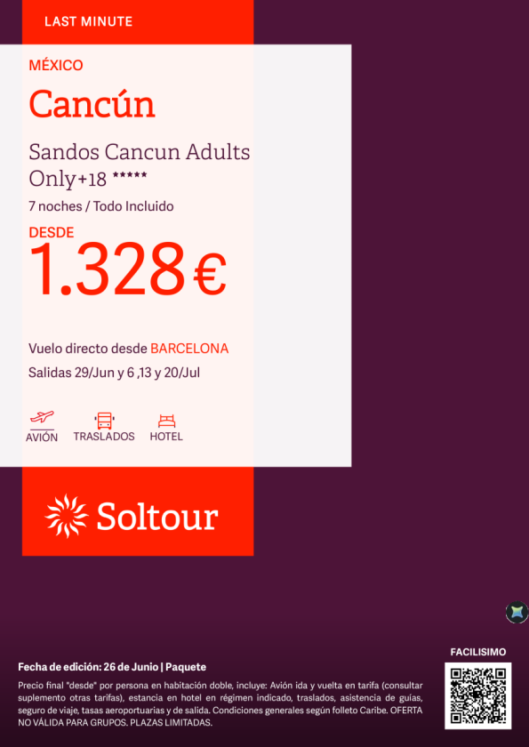Cancún en Sandos Cancun Adults Only  18 desde 1.328 &euro; , salidas 29 Junio, 6, 13 y 20 Julio desde Barcelona