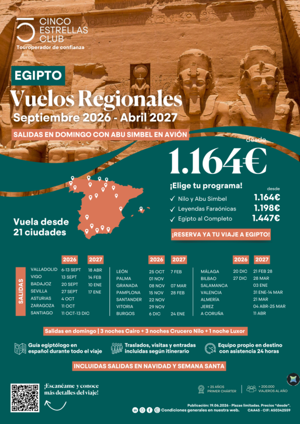 Vuelos Regionales sal. domingos dsd 21 ciudades con Abu Simbel en avión dsd 1.164 &euro; sal. dsd Sept\'26-Abril\'27.