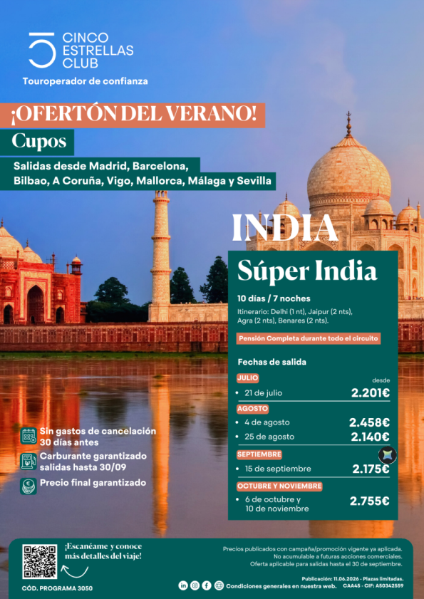 Ofertón verano | Cupos | Súper India 10d/7n dsd 2.140 &euro; sal. de julio a nov. dsd Mad,BcnBio, Lcg,Vgo,Pmi,Agp,Svq