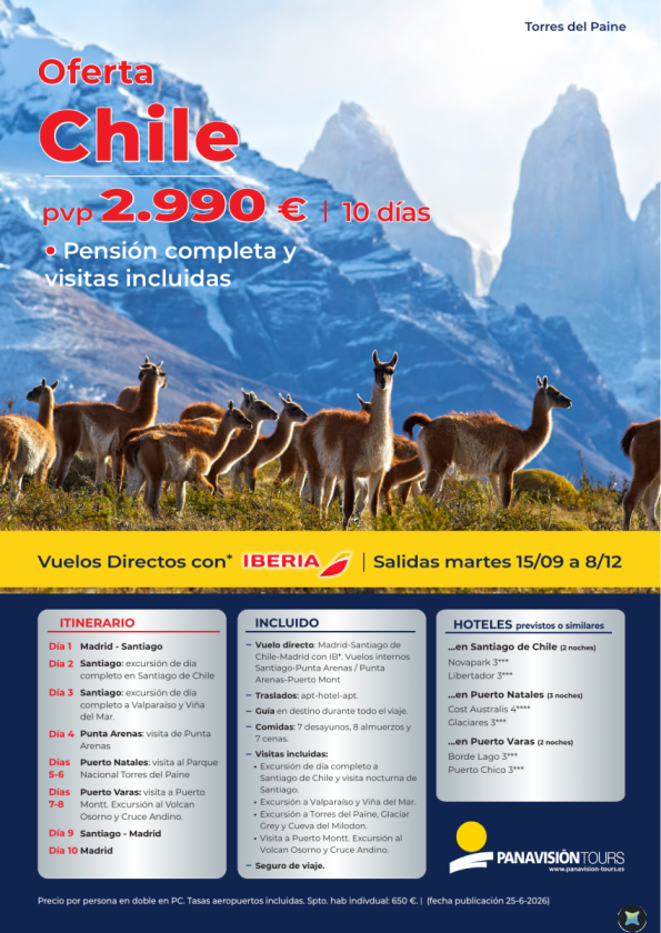 Oferta Chile desde 2.990 &euro; : vuelos directos con Iberia, pensión completa y salidas martes hasta diciembre
