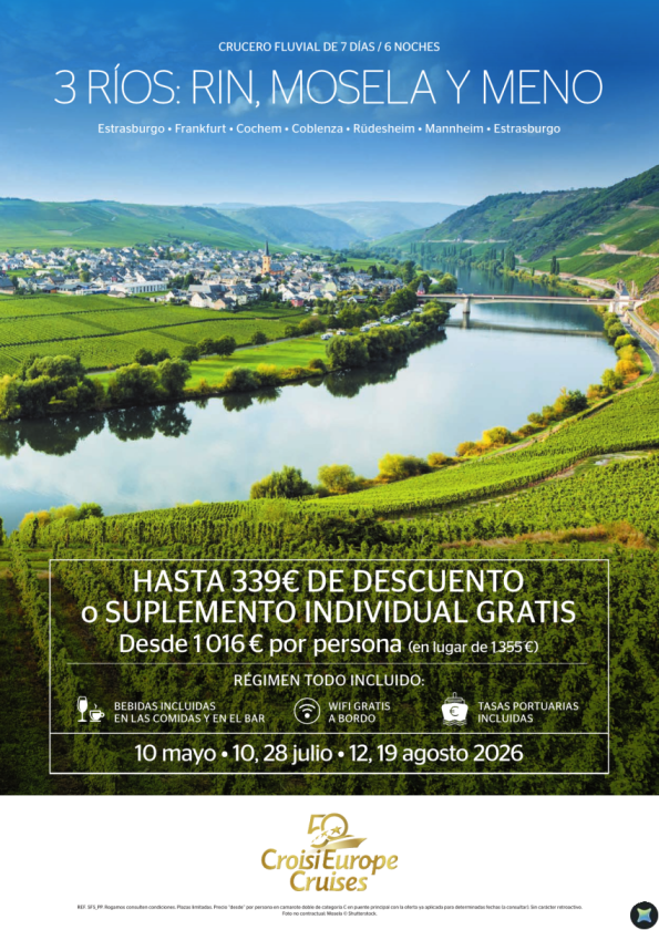 Hasta 339 &euro; de DTO o single GRATIS - crucero el Rin, Mosela y Meno - 7 días - Todo Incluido - de mayo a agosto