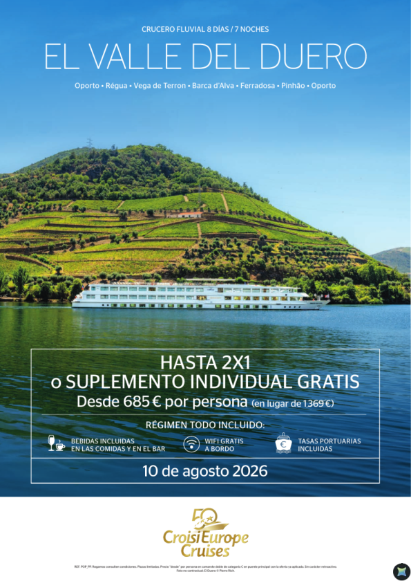 HASTA 2x1 o suplemento single GRATIS - crucero Valle del Duero - 8 días - Todo Incluido - 10 agosto