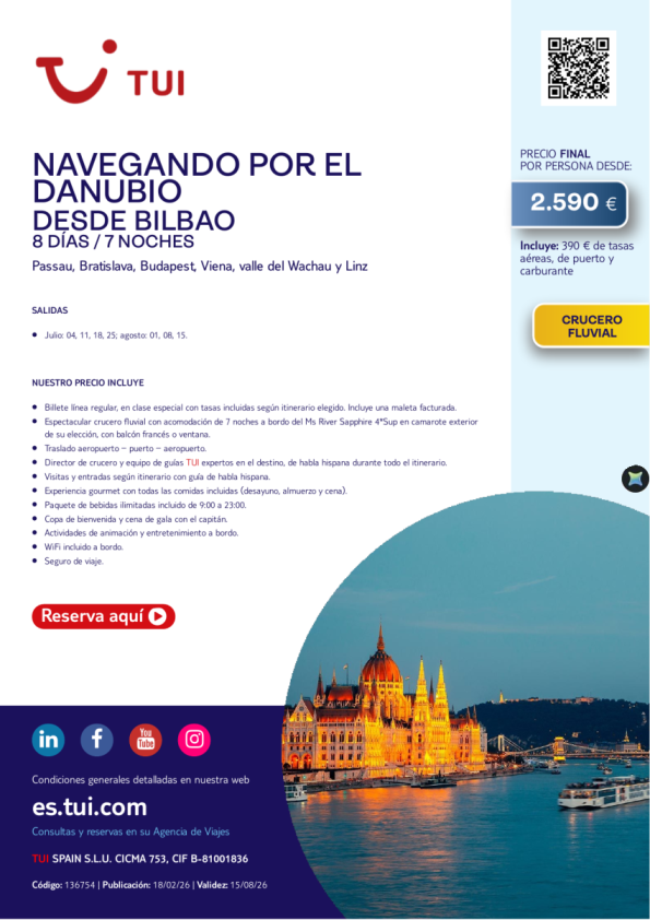 Navegando por el Danubio. 8 días / 7 noches. Salida JUL y AGO desde BIO desde 2.590 &euro; 