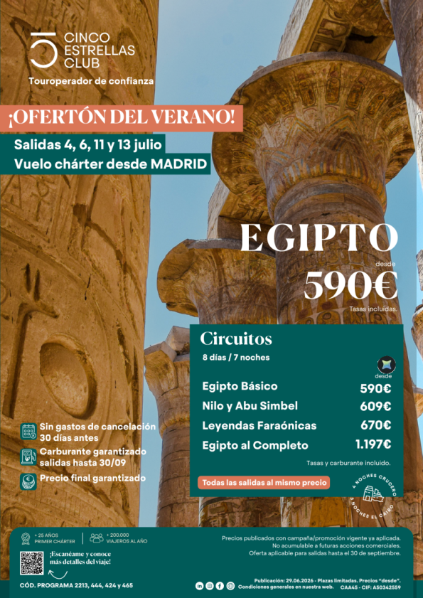 Últimas Plazas | Ofertón verano Egipto sal. 4,6,11 y 13 de julio dsd 590 &euro; vuelo chárter dsd MADRID.