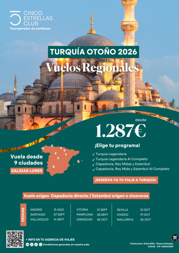 Turquia Otoño\'26 Vuelos Regionales -sal.lunes dsd 9 ciudades Spain.Dsd 1.287 &euro; Orig.Capadocia /Estamb o vicever