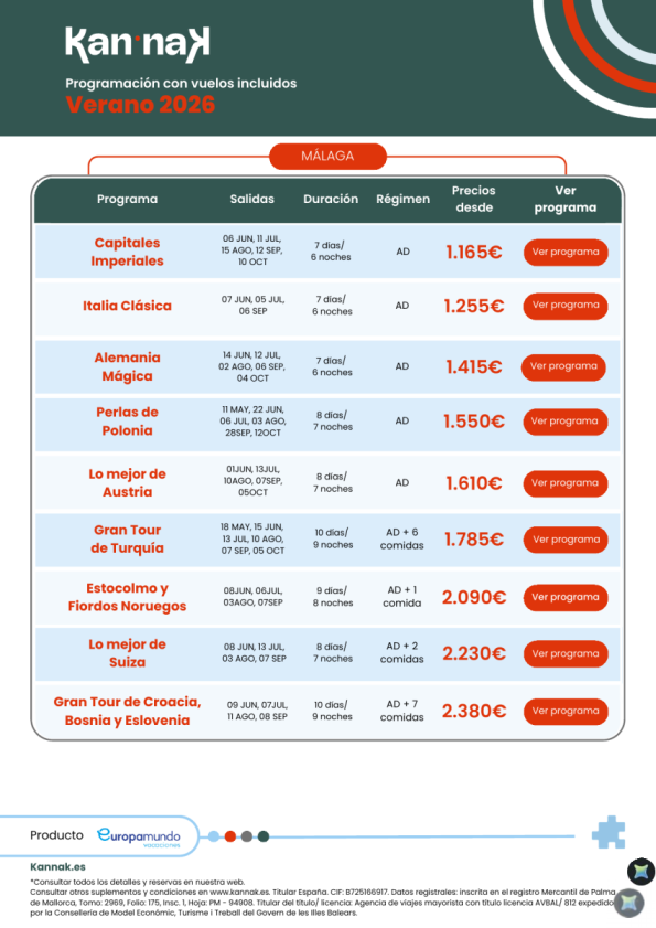 Programación Kannak Verano 2026. Salidas desde Málaga