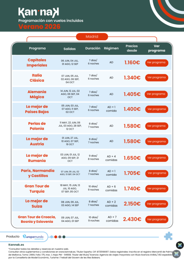 Programación Kannak Verano 2026. Salidas desde Madrid