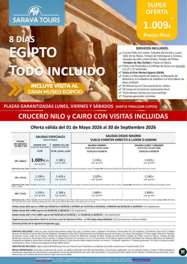 Egipto Todo Incluido 8d. Crucero y Cairo con visitas y mas! Desde 1.009 &euro; *Salidas hasta Abr27
