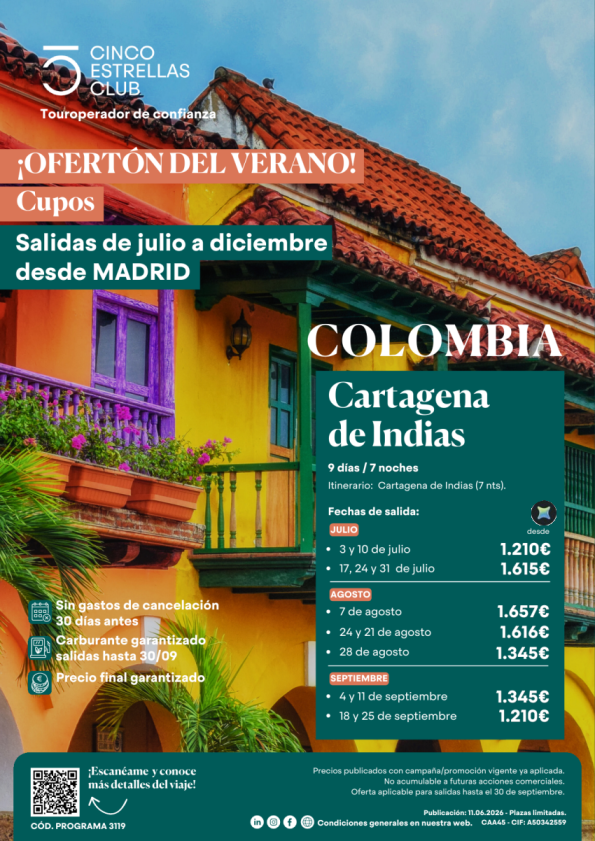 Ofertón Verano  Cupos | Cartagena Indias 9ds/7ns desde 1.210 &euro; salidas desde Madrid de  julio a dic\'26