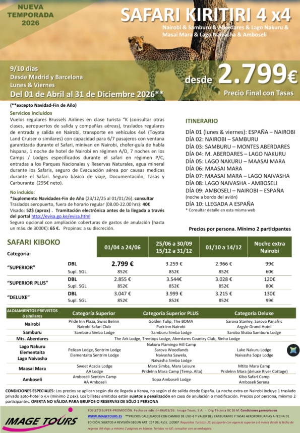 KENYA Kiritiri 2026: Samburu & Aberdares & Nakuru & M. Mara & Naivasha & Amboseli, dsde 2.799 &euro; tasas incluidas
