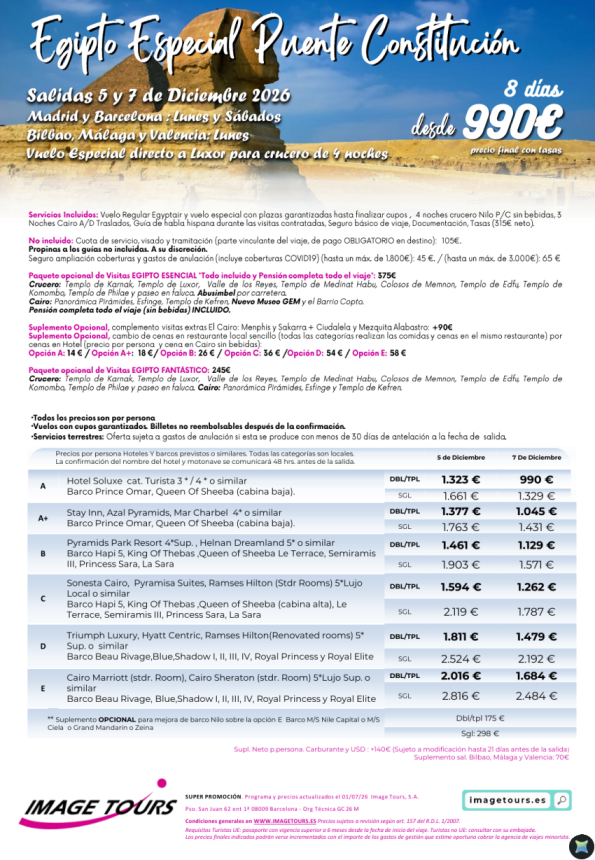 Egipto: Especial Puente Diciembre 2026, 8 días desde 990