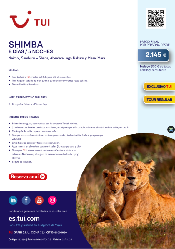 Shimba. 8 días / 5 noches. Exclusivo TUI. Tour Regular. Salidas desde MAD y BCN desde 2.145 &euro; 