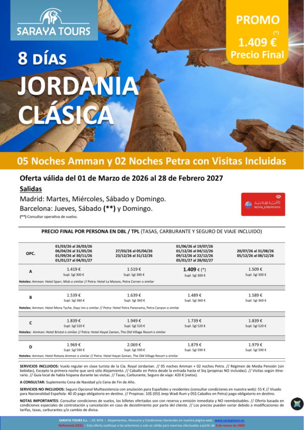 Jordania Clásica 8 días: Amman y Petra con Visitas Incluidas hasta Febrero 27
